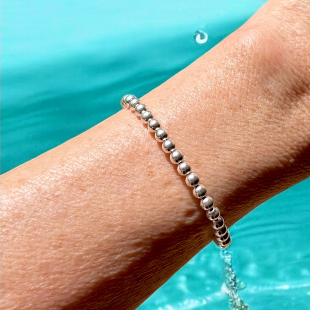 Bead Bracelet Sterling silver stretch beads, 4mm no tarnish waterproof .925